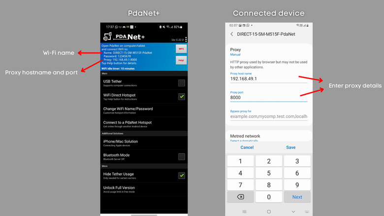 Wi-Fi sharing app PdaNet+ network settings