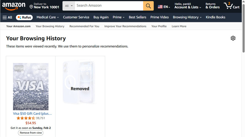 An Amazon browsing history page showing the option to remove items from view.