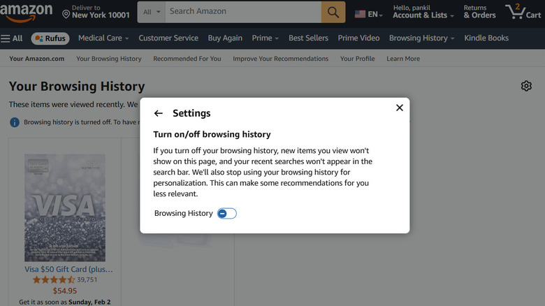 Amazon turn on or off browsing history dialog box