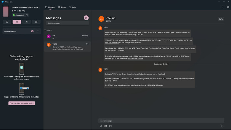 Phone Link sample Android texts on PC