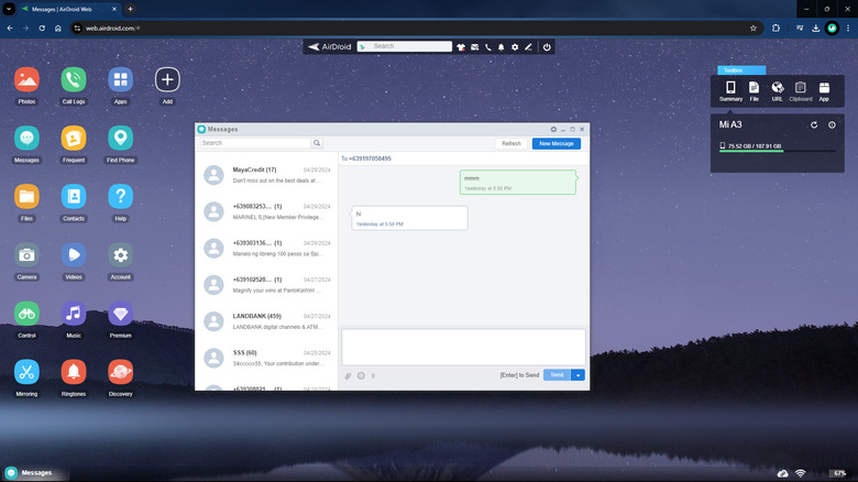 AirDroid Web with Android texts