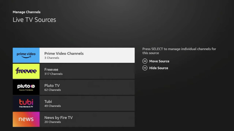 Fire TV Live TV Sources selection screen