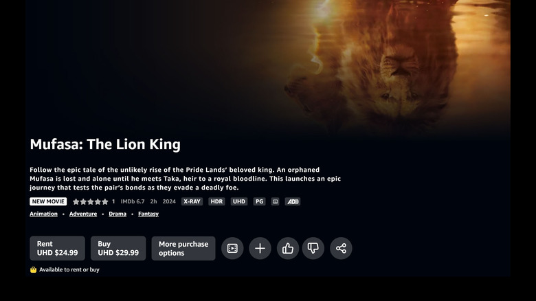 The movie Mufasa is available to rent or buy on Amazon Prime Video