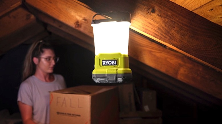 Ryobi lantern hanging in attic