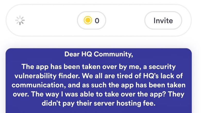 HQ Trivia message after being taken over