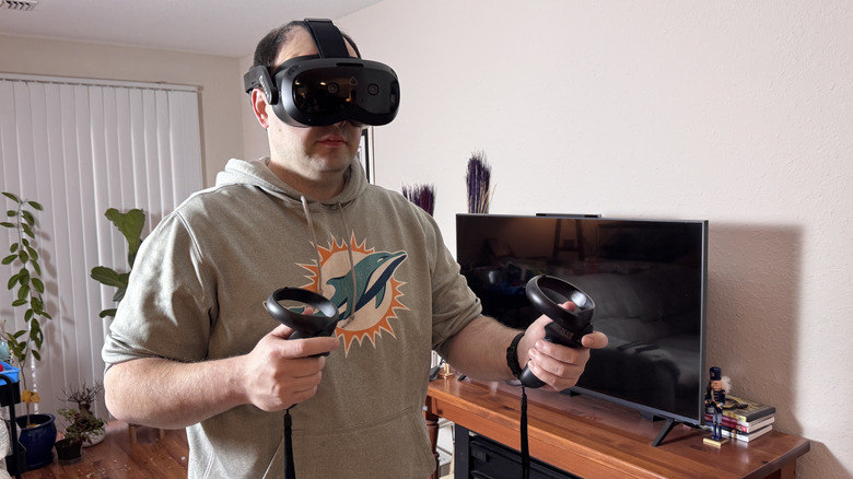 The HTC Vive Focus Vision being worn by a user.