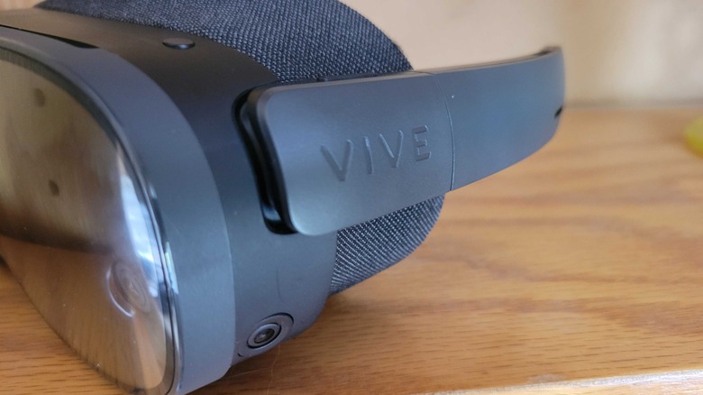 The Vive logo on the side of the headset