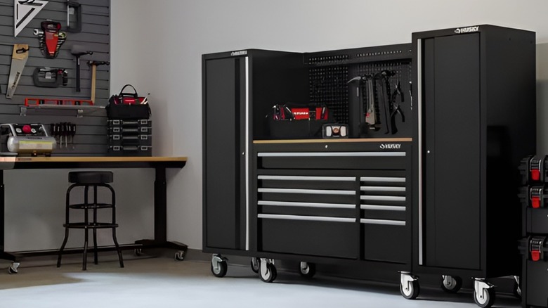 Husky tool chest setup against wall in garage