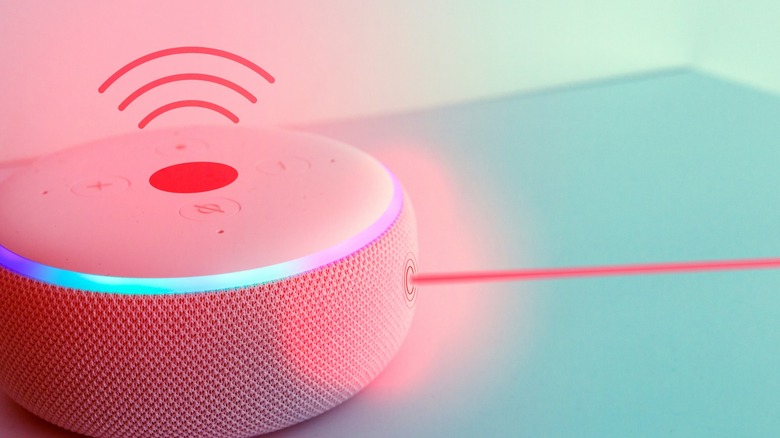 pink Amazon Alexa device with radio lines drawn above it