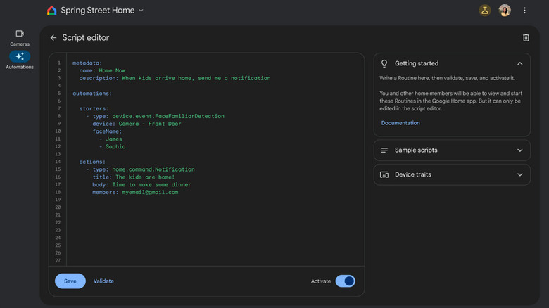 Google Home script editor in action