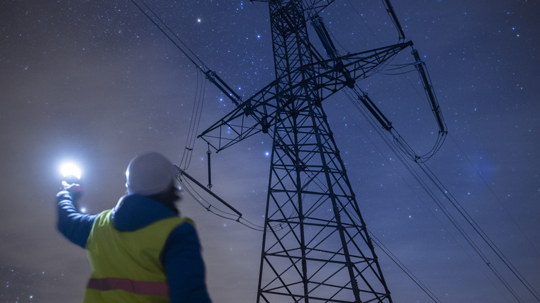 looking up at night sky and electrical lines