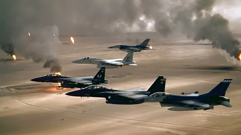 American jets over Iraqi oilfields during Gulf War