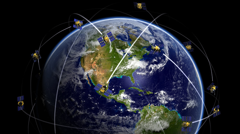 render of GPS satellites around Earth