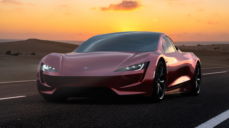 Tesla Roadster on desert road