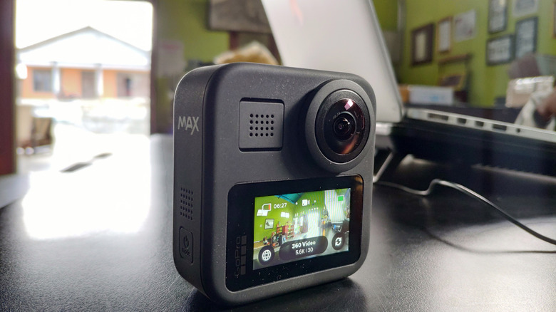 Close-up shot of a black GoProMax camera