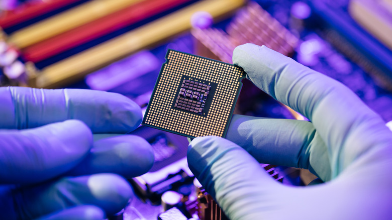 Person holding a chip with a motherboard in the background.