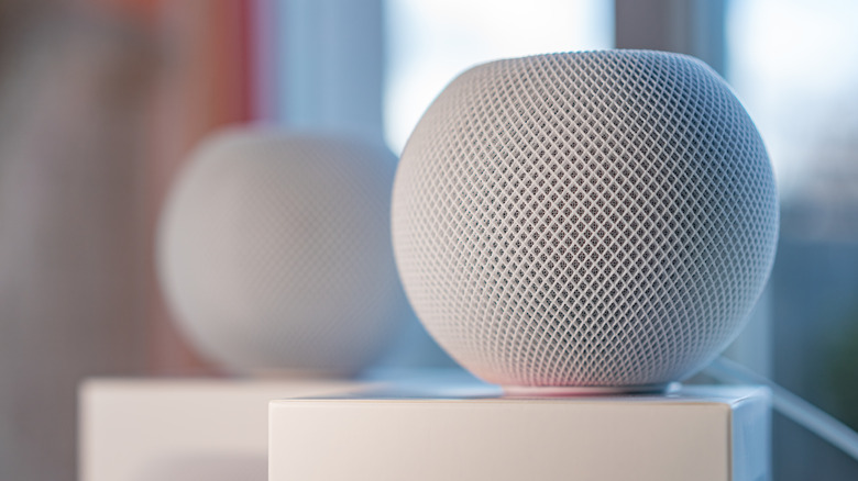 An Apple HomePod Mini placed atop a box.