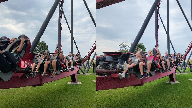 two photos of a roller coaster