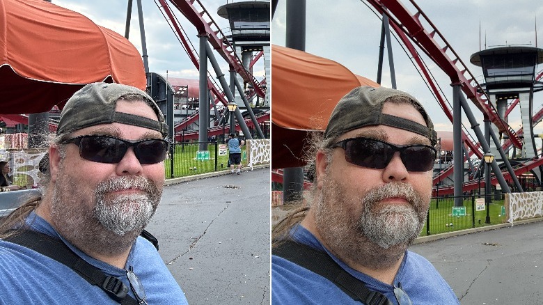 Two photos of a man in front of a roller coaster