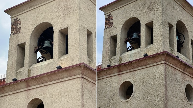 Two photos of a bell tower