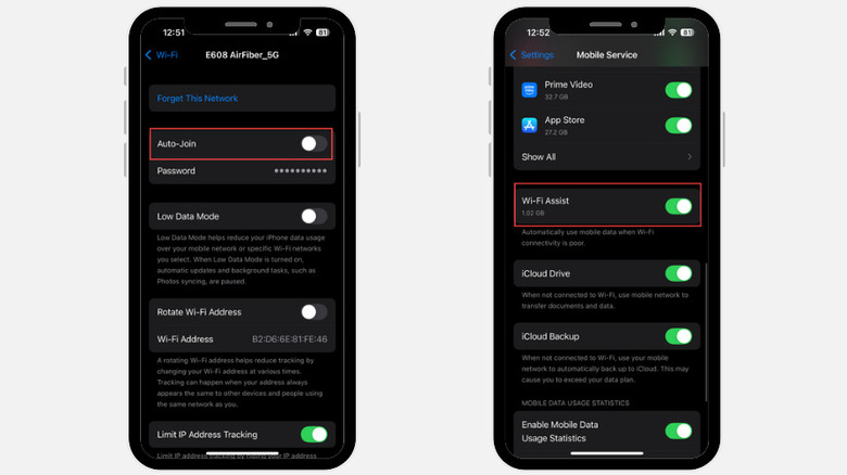 Auto-Join and Wi-Fi Assist settings on iPhone