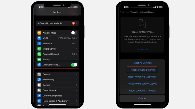 VPN button and Reset Network Settings