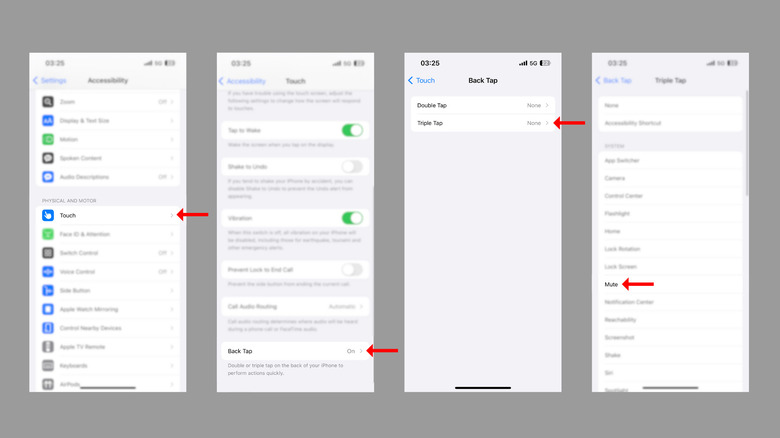 Screenshots highlighting the steps to enable Back Tap on iPhone