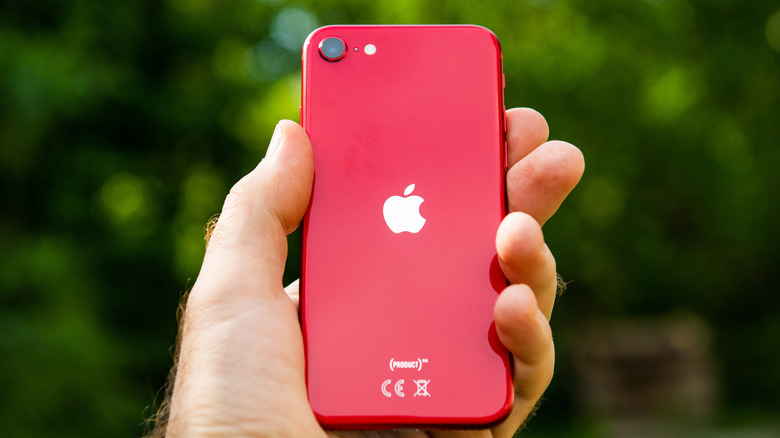 A hand holding the backside panel of a red iPhone SE