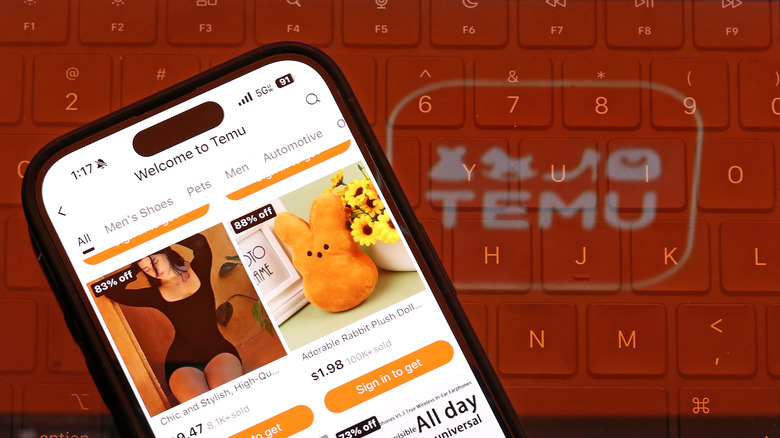 Temu logo and app interface on phone with keyboard in background