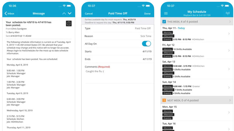 HotSchedules iOS app interface on three phone screens