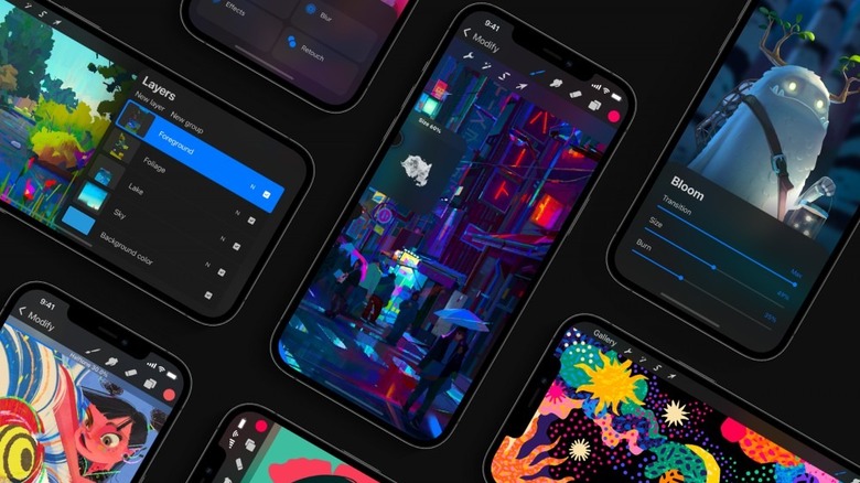 multiple phone screens showcasing the Procreate Pocket iOS app