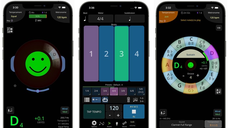 Tonal Energy Tuner & Metronome iOS app interface on three phone screens