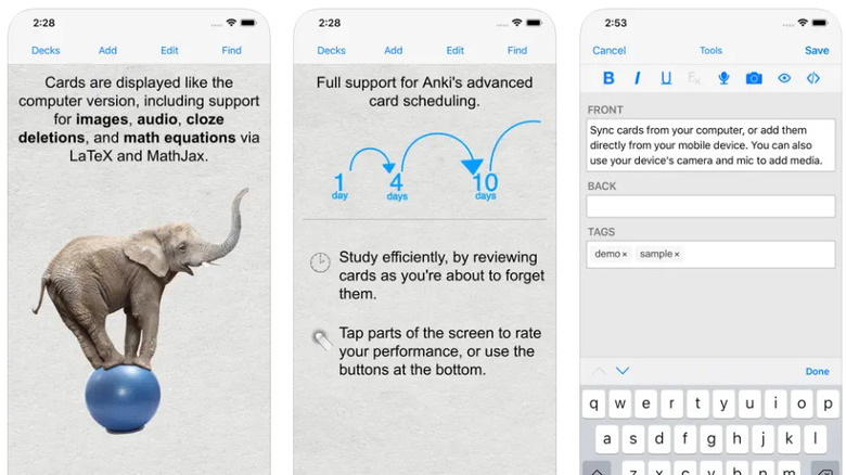 AnkiMobile iOS app interface on three phone screens