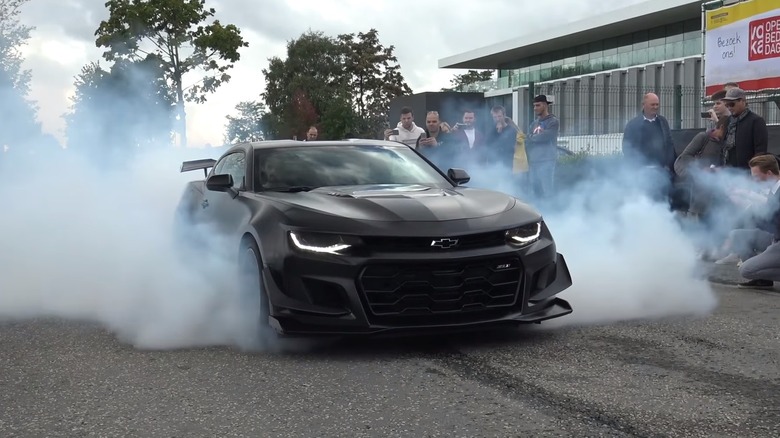 Black Camaro ZL1 smoky burnout