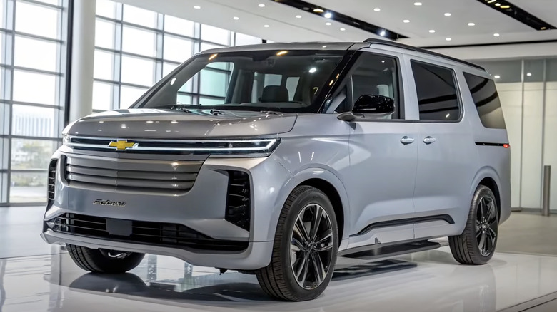 Front quarter view of the fake AI-generated Chevrolet Astro Van parked in a showroom