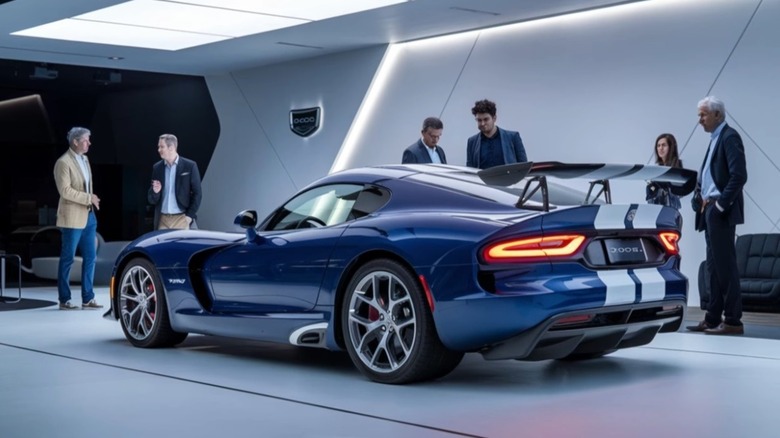 An AI generated fake image of a 2025 Dodge Viper sitting in a showroom surrounded by poorly AI generated people