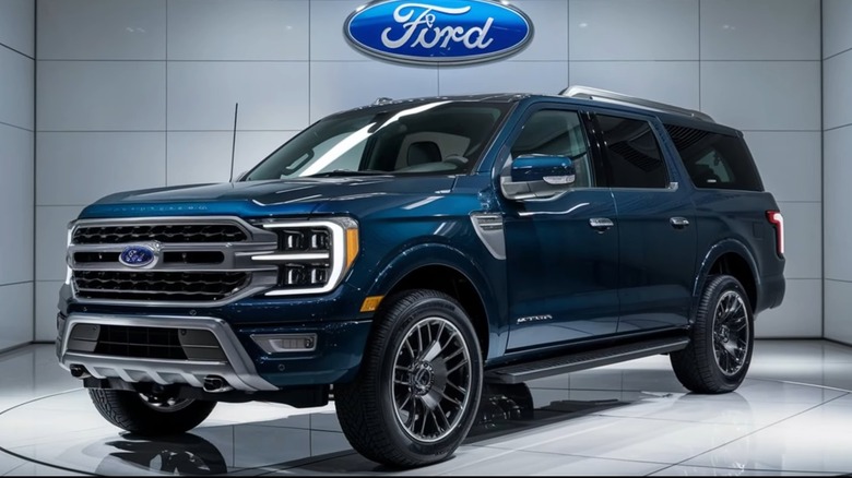 An AI rendering of a 2025 Ford Excursion in a showroom. There is a tyre embedded in the floor.