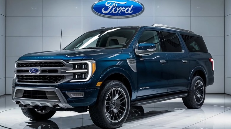 An AI rendering of a 2025 Ford Excursion in a showroom. There is a tyre embedded in the floor.