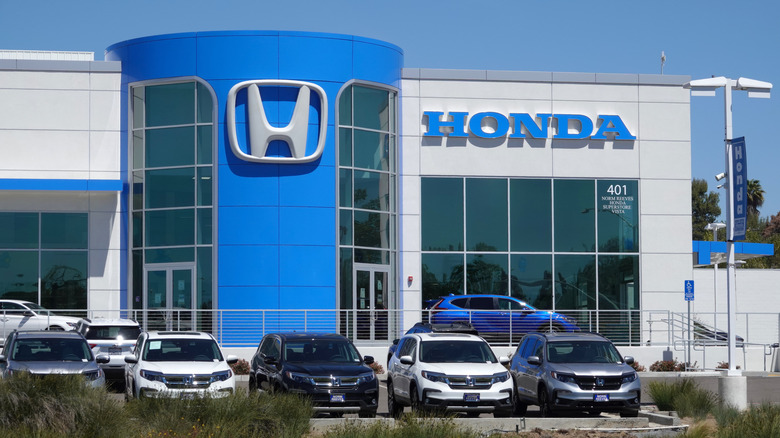 Various Honda models parked in a dealership lot