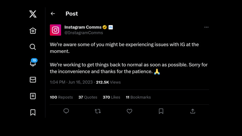 InstagramComms tweet on X