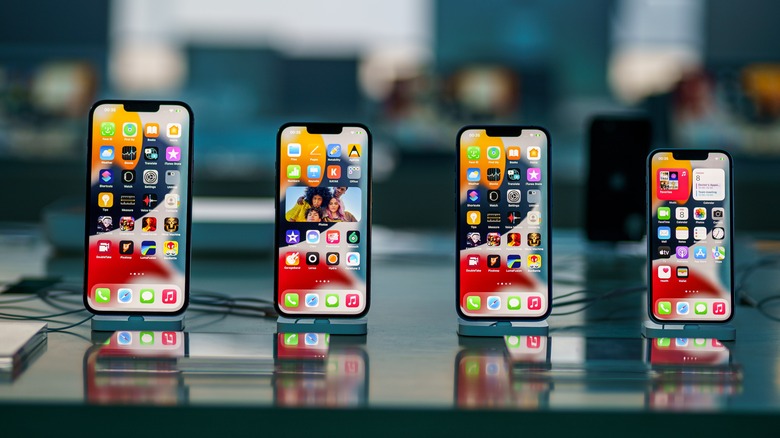 iPhones lined up on counter