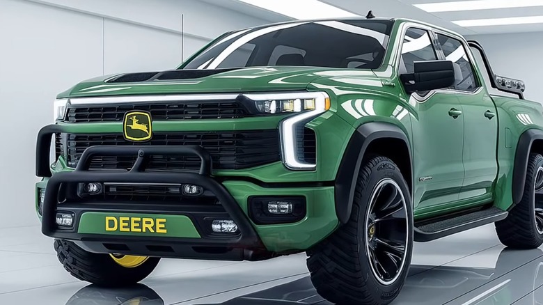 An AI-generated rendering of a John Deere pickup truck.