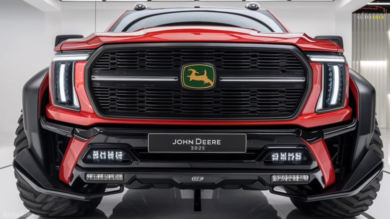 An AI rendering of a red John Deere pickup truck.