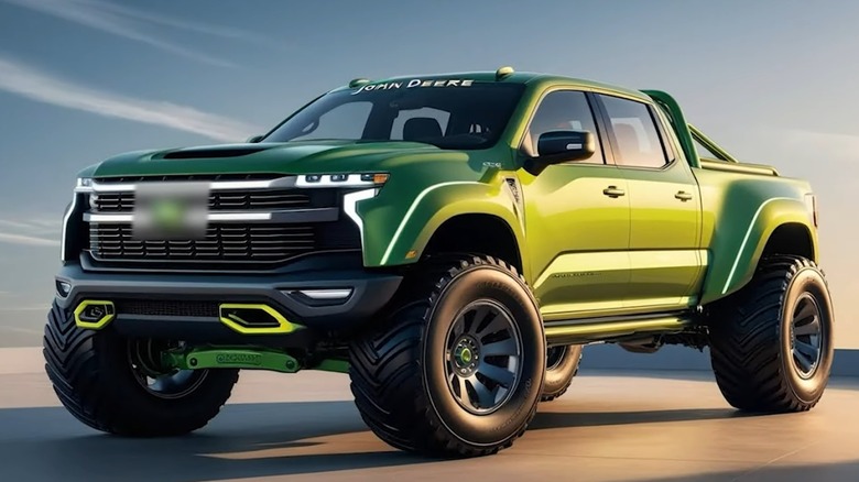 An AI rendering of a green John Deere pickup truck.