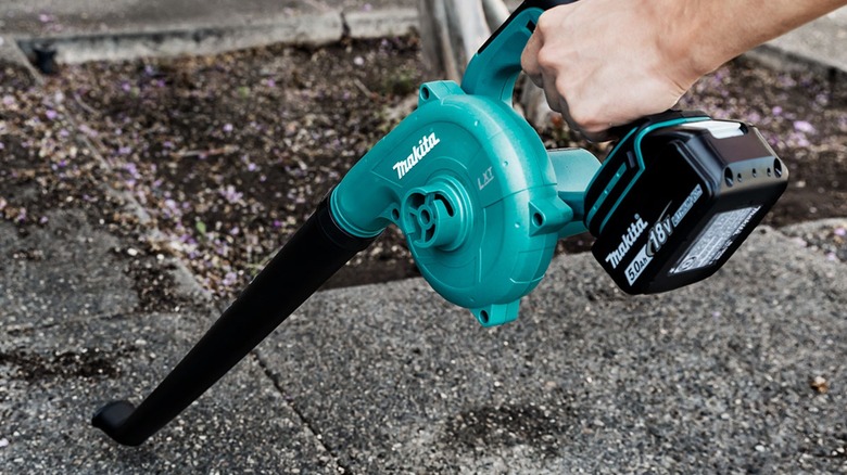 A person holding a Makita leaf blower.