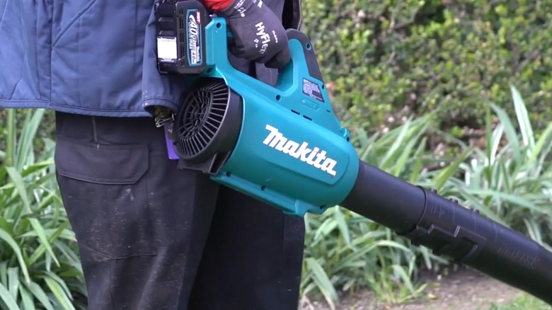 A person holding a Makita leaf blower.