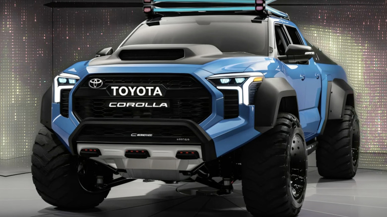 Front end of fake AI-generated Toyota Corolla pickup truck render