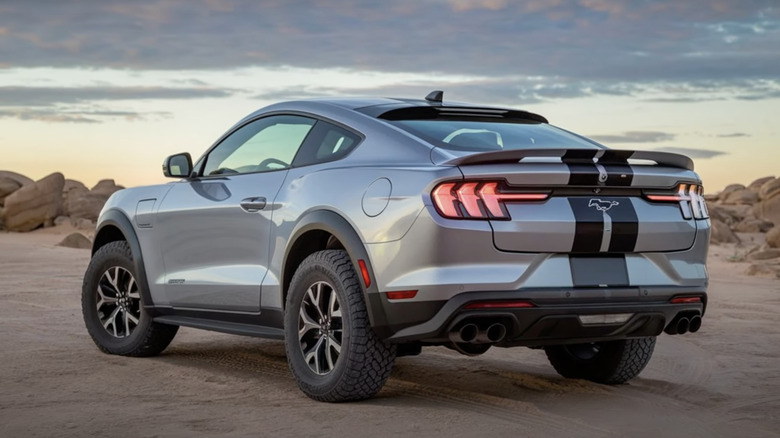 A.I.-generated image of a Ford Mustang Raptor parked on dirt road with rocks in background