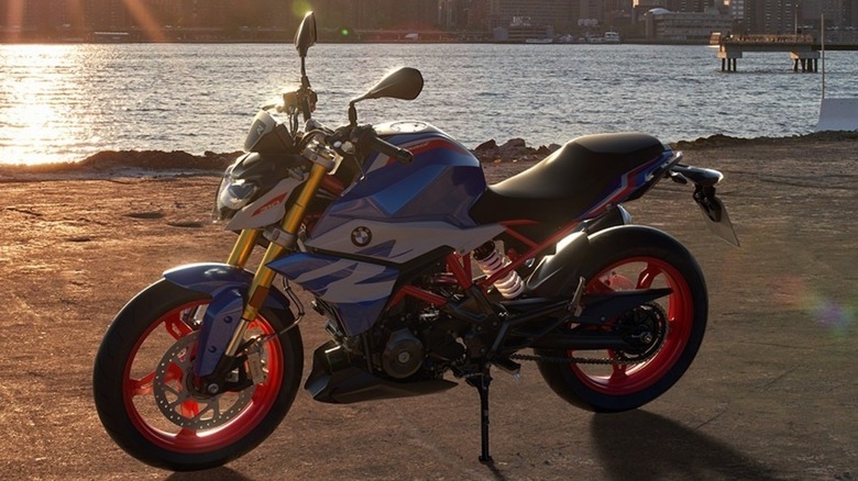 A BMW G 310 R parked near water with a city scape background.