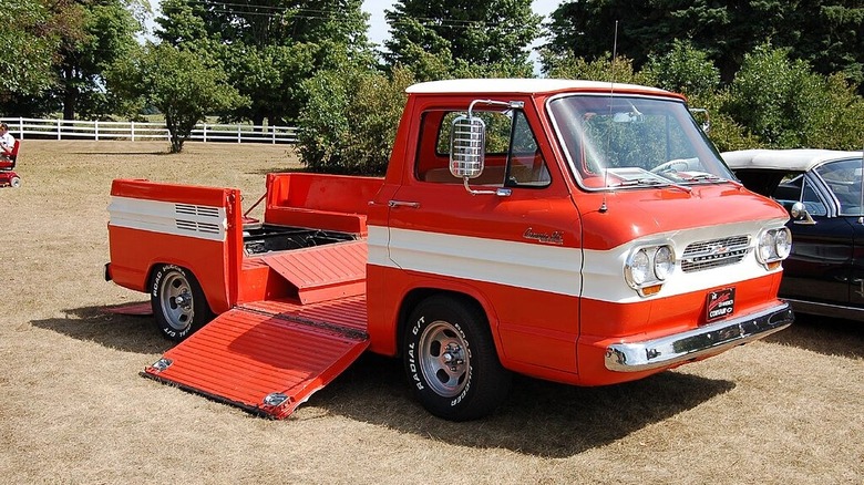 A 1964 Chevrolet Corvair 95 Rampside pickup the 2007 "Red Barns Spectacular" car show at the Gilmore Car Museum, Hickory Corners, Michigan.